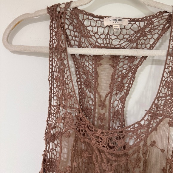 Umgee Crochet Lace Mesh Tank Top Womens M/L Brown Racerback Boho | Cottagecore - Picture 2 of 7